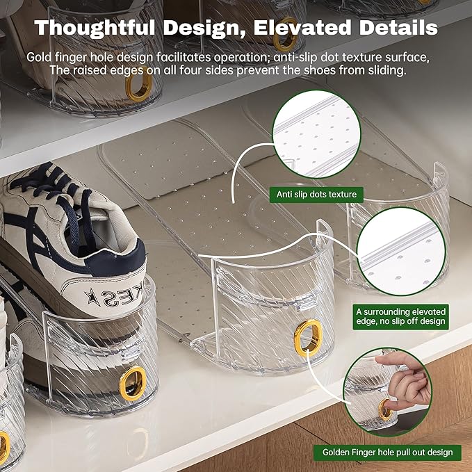 Shoe Slot Organizer 10 Pack - Shoe Slots，Can Save 50% of Shoe Stackers Space，Adjustable Shoe Stacking Device, Double-Layer Design for Shoe Slots Organizer for Closet. (Clear, 10 Pack)