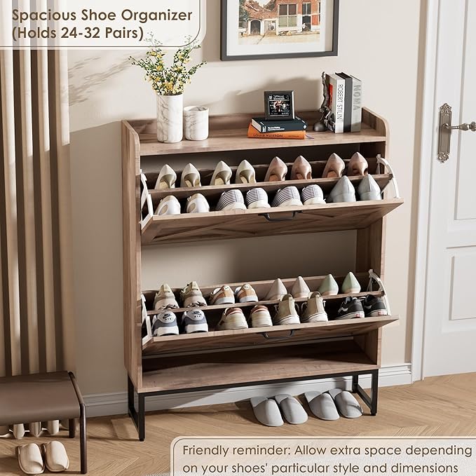Nicetree Shoe Cabinet with 2 Flip Drawers，Freestanding Shoe Storage Cabinet, Narrow Shoe Organizer Cabinet, Farmhouse Slim Shoe Rack Cabinet for Entryway,Toasted Oak