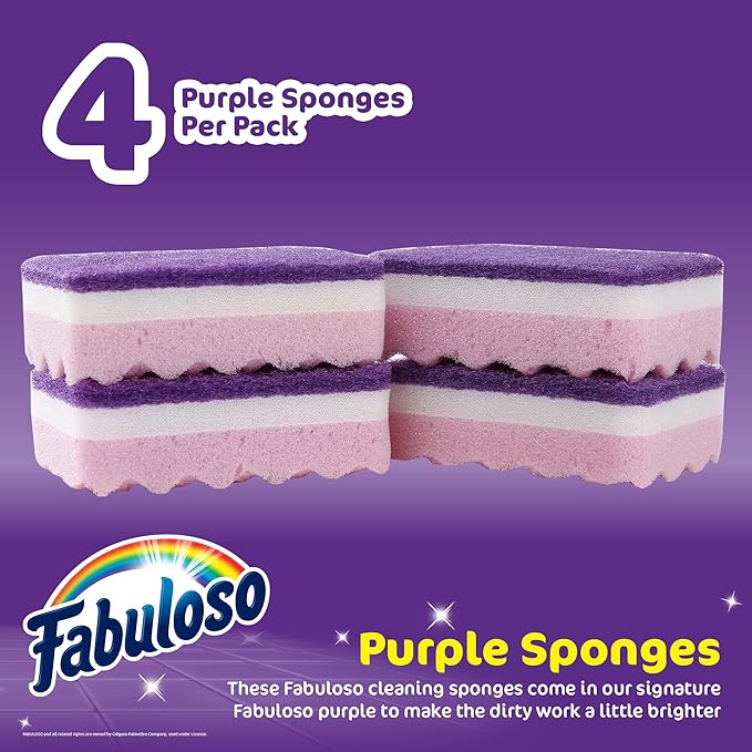 Fabuloso Scratch-Free Kitchen Dish Sponges, Purple Cellulose Scrubber Sponge with Scouring Pad for Dishes, Pots, Pans, Counters and Sinks, Tough on Messes, 4.25 x 2.75 x 1.25 in, 4 Count