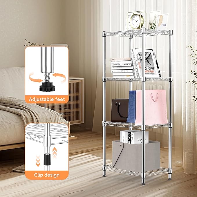 M MZG 4 Tiers Shelf Metal Storage Shelves Wire Rack Closet Organizers with Wheel for Garage Kitchen Bathroom Laundry Chrome 11.8" D x 17.7" W x 41.9" H