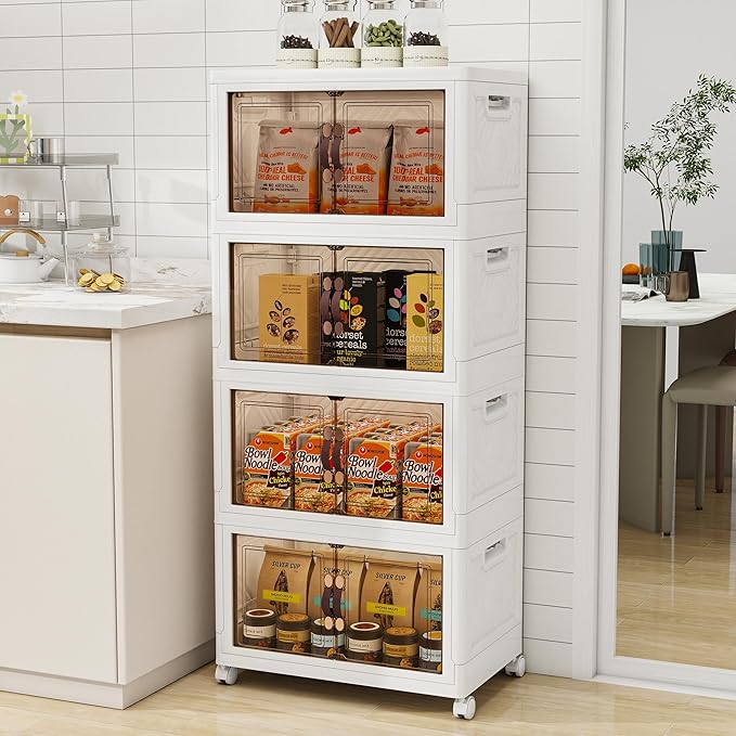 Storage Bins with 2 Lids and Wheels, 660QT-110QT*6Tier Collapsible Bathroom Storage Cabinet with Clear Doors, Plastic Stackable Closet Organizers and Containers White