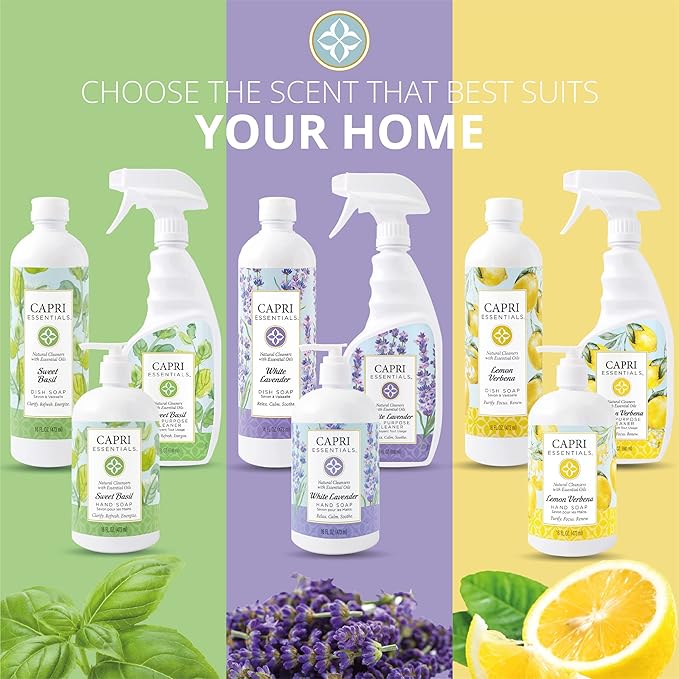 CAPRI ESSENTIALS Dish Soap Liquid, Natural Household Cleaning Supplies, Plant Based Aromatic Dish Detergent, Blend of Essential Oils with Juniper & Chamomile, White Lavender, 16 FL Oz