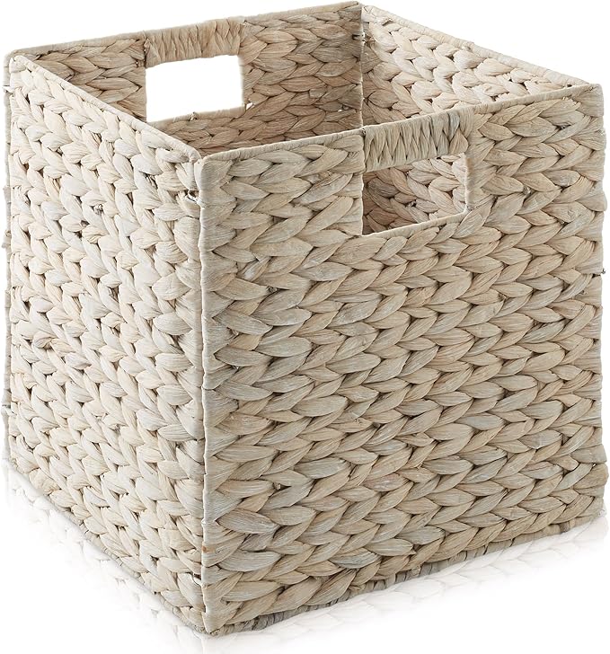 Casafield 12" x 12" Hyacinth Storage Baskets, Whitewash - Set of 6 Storage Organizers, Woven Wicker Cubes for Bathroom, Bedroom, Laundry, Shelves