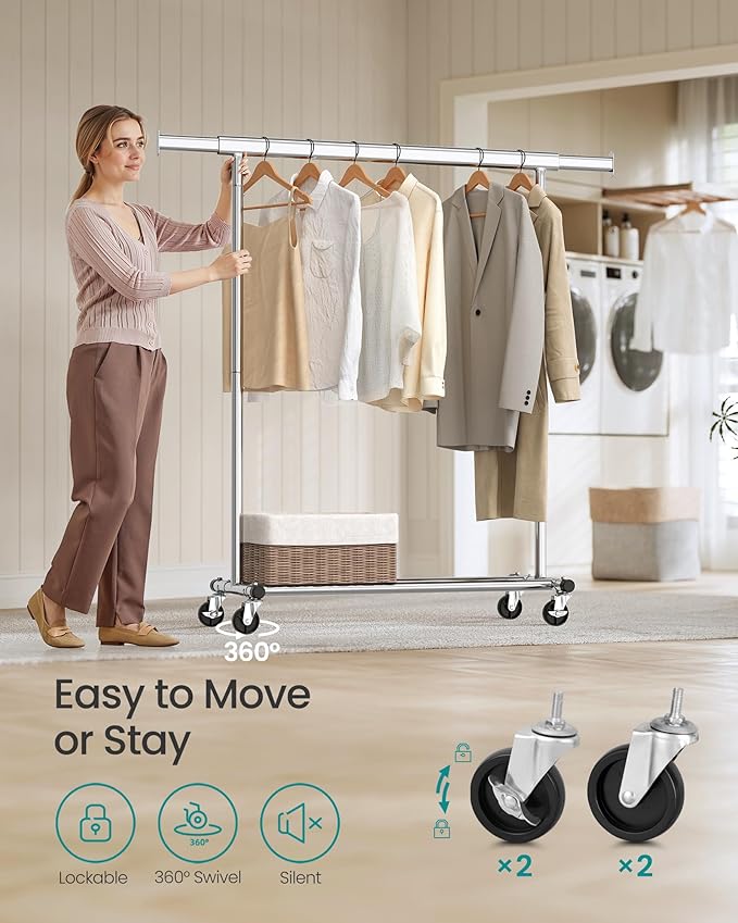 SONGMICS Clothes Rack with Wheels, Heavy-Duty Clothing Rack for Hanging Clothes, Portable, 17.7 x (36.2-52) x 63.6 Inches, with Extendable Rail, 220 lb Load Capacity, Silver UHSR13SV1