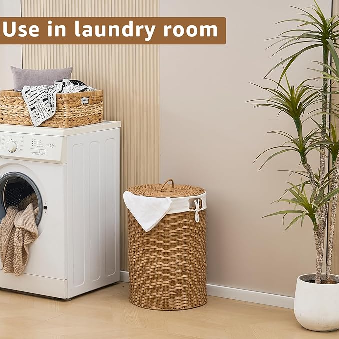 Round Wicker Laundry Hamper with Lid Handwoven Rattan Basket with Handles for Dirty Clothes, 2 Washable Liner Bags, No Assembly Required, Washable Basket, 60L