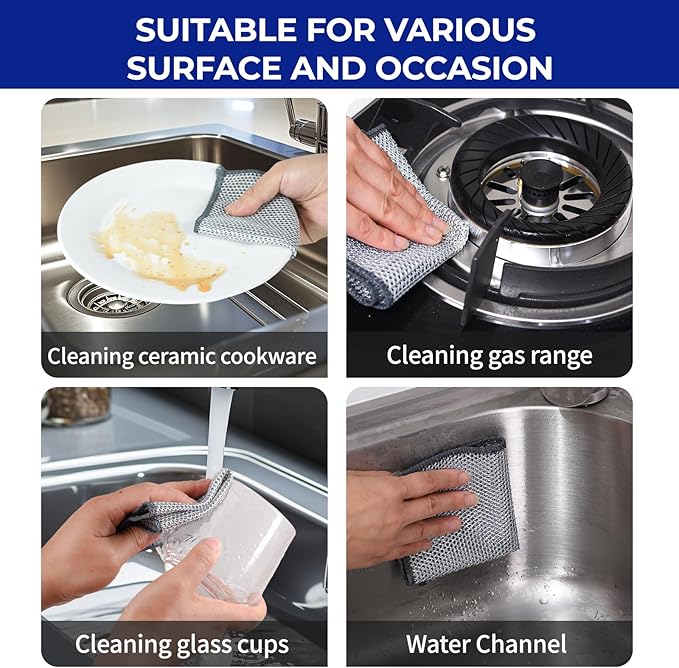Wangjinpeng 12PCS Non-Scratch Multipurpose Steel Wire Dishcloths - Reusable Quick-Dry Odor-Free Scrub Cloths for Dishes, Kitchen Cleaning Cloths for Cookware, Sinks, Stove Tops(9.84X9.84)