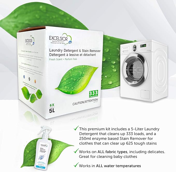 Excelsior HE Concentrated Liquid Laundry Detergent with Stain Remover, Removes 333 Loads for Cleaning Clothes, Phosphate-Free, Solvent-Free, Fresh Scent, 5L…