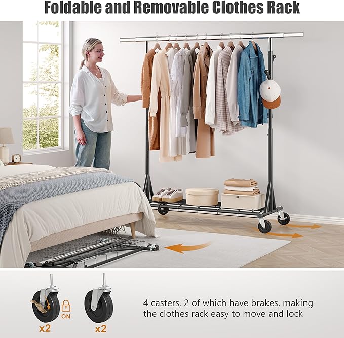 Gewudraw Garment Rack Load 530lbs,Heavy Duty Rolling Clothes Rack With Sturdy Wheel And Shelves, Adjustable Portable Hanging Rack For Clothes, Chrome Stainless Steel, Black