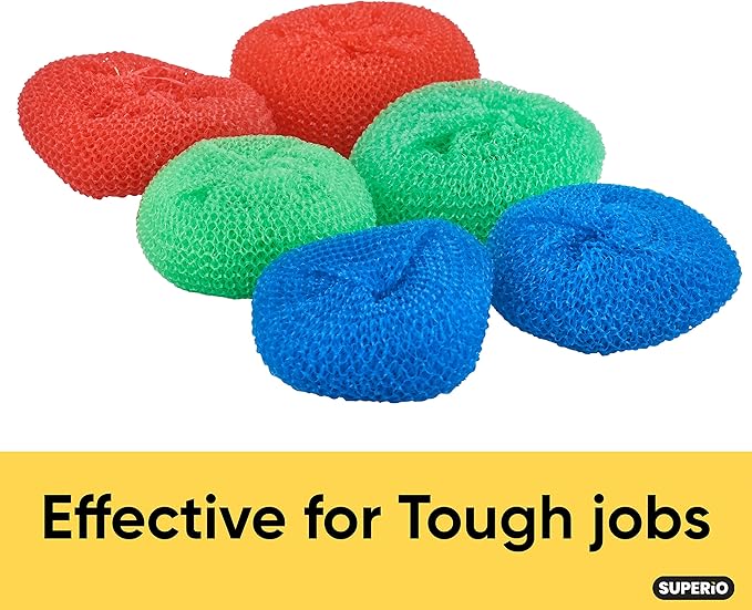 Superio Nylon Scouring Pads - Dish Scrubbers, Durable Mesh Scourers for Dishes, Pots, Stoves - 12 Pack (Assorted Colors)