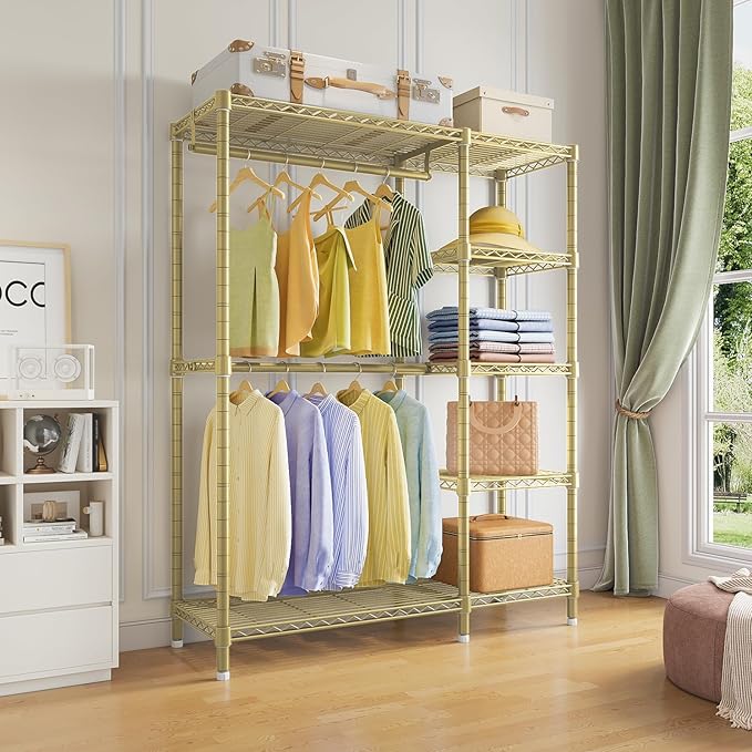 VIPEK V7 Clothes Rack Heavy Duty Max Load 670lbs, Garment Rack with 5 Tiers Adjustable Shelves Portable Closet Metal Sturdy Wardrobe Storage System for Walk-in Closet, Bedroom, Small Space (Gold)