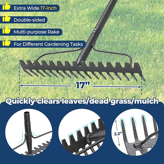 49" Rake - 17" Extra Wide Garden Tool with Double-Sided Head, Heavy Duty Lightweight Stainless Steel Construction for Mulching & Debris Removal, Leveling Lawn, Loosening Soil, Leaf Cleanup, Soil Prep