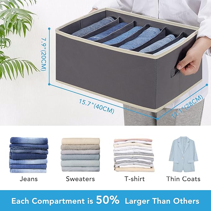 3 Pcs Large Size Wardrobe Clothes Organizers 6 Grids for Pants, Jeans, Sweater, T-shirt, Dress Stackable Closet Drawer Organizer Storage Bin Container with Sturdy Handles, Dark Grey