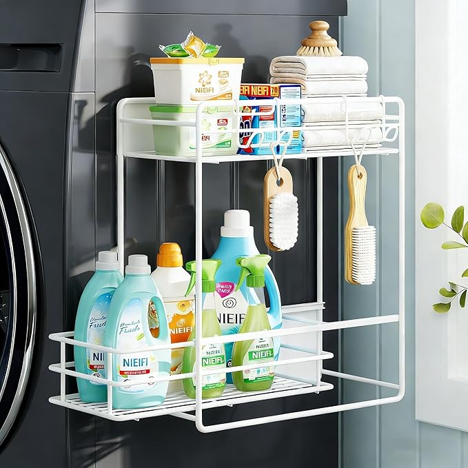 Nieifi 2 Tier Magnetic Shelves for Washing Machine, Magnetic Spice Rack for Refrigerator, Laundry Room & Kitchen Organizer Storage Baskets, White