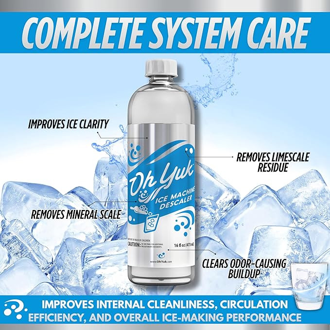 Oh Yuk Ice Machine Cleaner Descaler – Scale & Buildup Remover, Nickel-Safe Ice Maker Cleaning Solution, Compatible with GE nugget, Igloo & All Standalone Ice Makers. For A Fresh Ice Machine