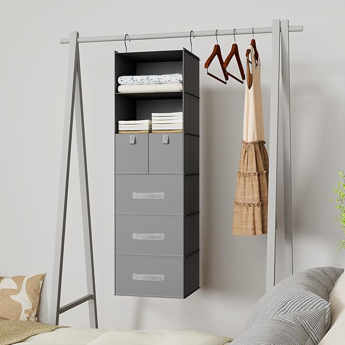 6-Shelves Hanging Closet Organizer with 5 Different Drawers, Foldable Closet Organizers and Storage for Wardrobe, Closet& RV, Clothes and Accessories Storage, Non-Woven Fabric, Gray