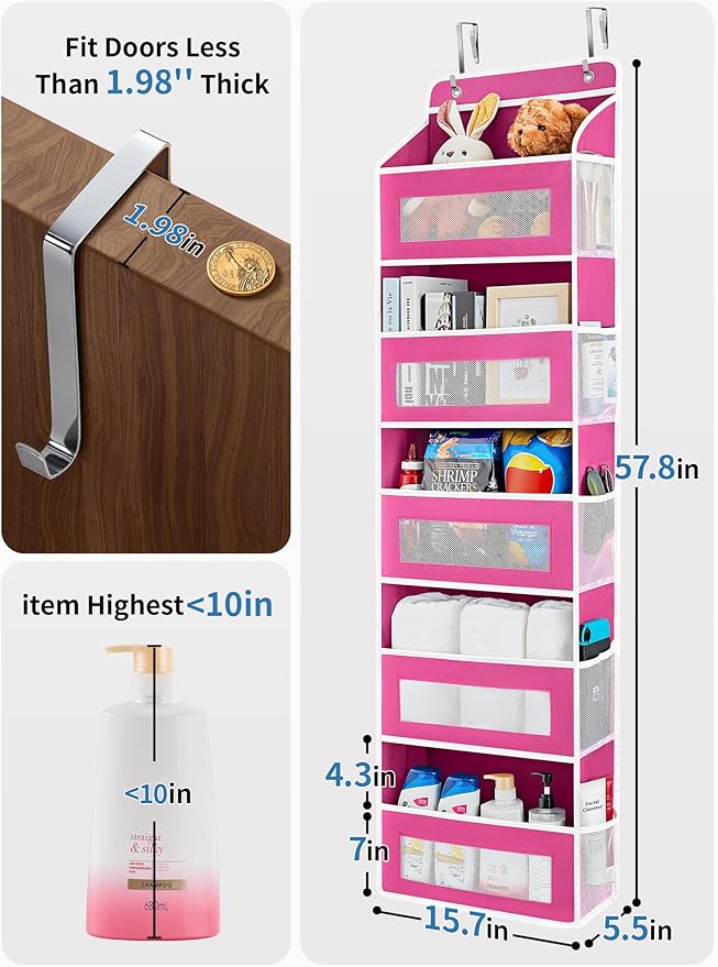 JARLINK 2 Pack Over The Door Organizer Storage, 5 Shelf Hanging Door Organizer with 5 Large Capacity Pockets, Anti Tilt 44 lb Load Behind Door Storage for Bedroom, Bathroom, Pantry, Nursery, Rose Pink