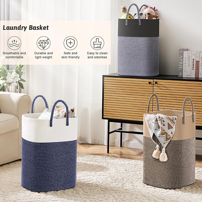 Laundry Basket,Woven Cotton Rope Laundry Hamper,Versatile Storage for Dirty Clothes,Baby Toys,and Blankets in Bathroom, Nursery,and Living Room (Jute, 40L)