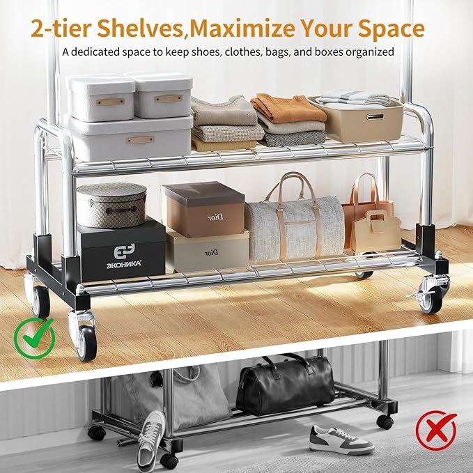 Luxspire Heavy Duty Clothes Rack, Clothing Rack Load 600 LBS, Rolling Clothes Racks for Hanging Clothes with Sturdy Wheels & 2 Tier Shelves, Adjustable Garment Rack for Bedroom, Laundry Room, Silver