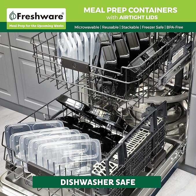 Freshware Bento Box Meal Prep Containers, 3-Compartment, 32 ounce, 15-Pack