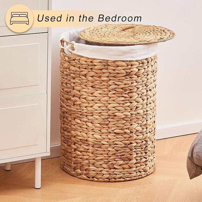Round Water Hyacinth Laundry Hamper with Lid Handwoven Wicker Basket with Handles for Dirty Clothes, Storage, and Organization Ideal for Bedroom, Bathroom, and Laundry Room, No Assembly Required, 2Pcs