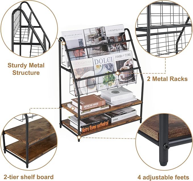 VECELO Magazine Holder Floor,2-Tier Metal Magazine Racks, Newspaper Display Stand with Board Shelves for Books and Brochure in Home Office,Shopping Malls,Indoor&Outdoor Place, Retro Brown