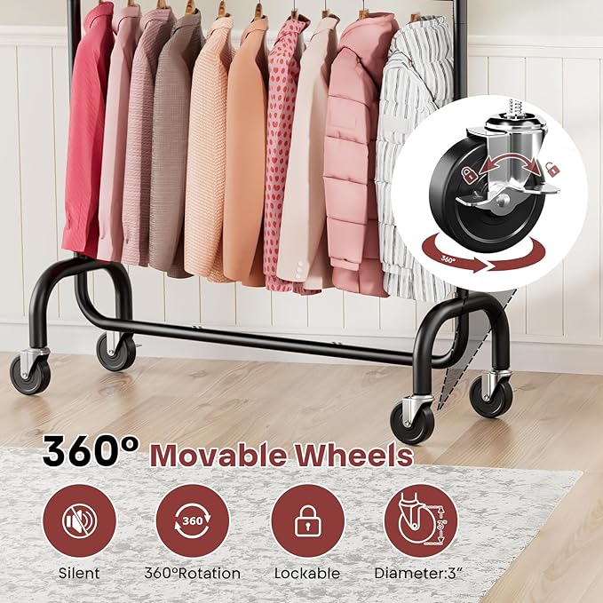 Heavy Duty Clothes Rack, 78.35" Rolling Clothing Rack for Hanging Clothes with Lockable Wheels, 6-Level Adjustable Double Rod Garment Rack for Bedroom, Laundry, Clothing Store, Black