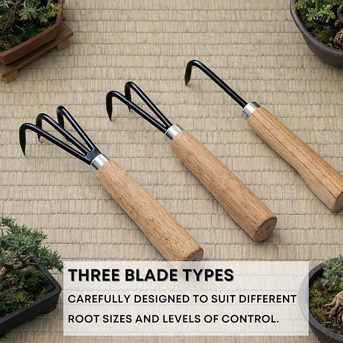 Garden Helper Triple Claw Root Hook for Plants - Bonsai Repotting Tool - Heavy Duty Hardened Steel Blade with Ergonomic Wood Handle