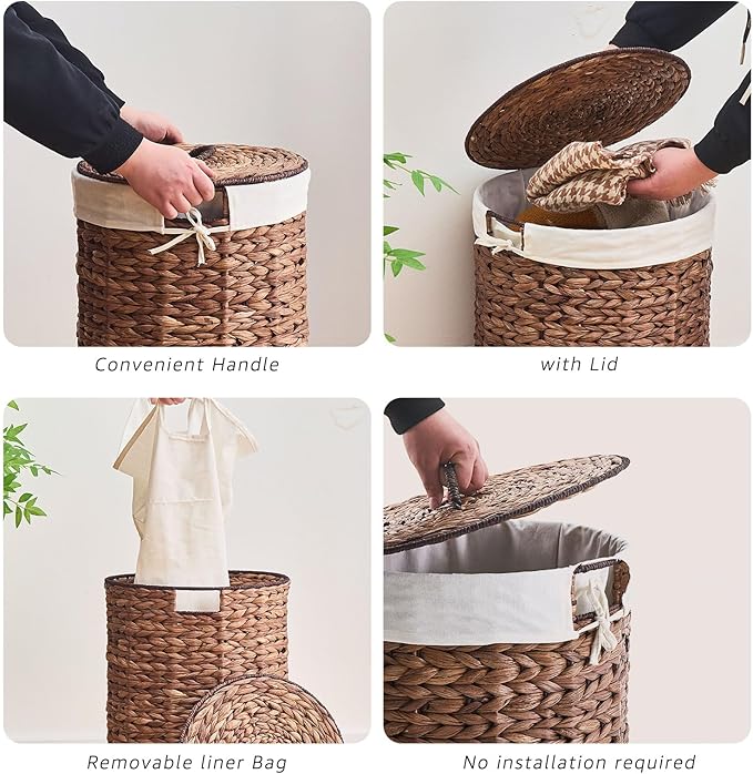 Round Water Hyacinth Laundry Hamper with Lid Handwoven Wicker Basket with Handles for Dirty Clothes, Storage, and Organization, No Assembly Required, 40L