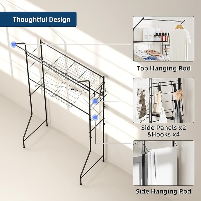 Laundry Room Storage Shelf, 2 Tier Metal Over Washer and Dryer Shelves, Washing Machine Shelf with Hanger Rods & Hooks, Expandable Bathroom Space Saver Shelf, 26–36.8" L x 18.3" W x 73.8" H, Black
