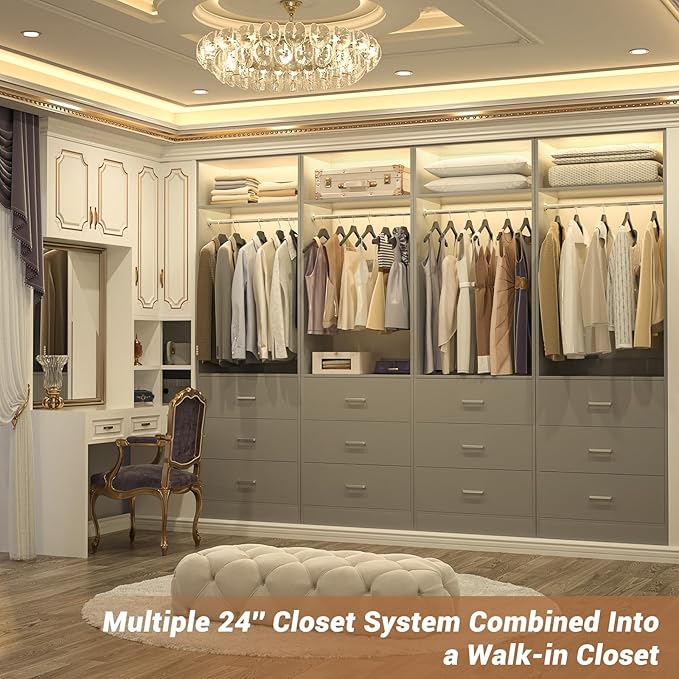 Besiost Freestanding 2FT Closet System with 3 Wood Drawers, 24" Closet Organizer System with Hanging Rod & Shelves, Walk-in Closet Systems for Small Closets, Grey (24"L x 15" W x 80" H)