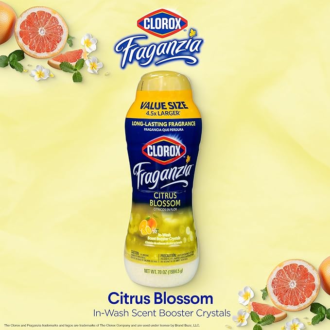 Clorox Fraganzia Laundry Scent Booster Crystals, In-Wash Fragrance Beads for Fresh-Smelling Clothes & Linens, Safe for All Fabrics & Colors, Easy-Pour Bottle, Citrus Blossom Scent, 70 Oz
