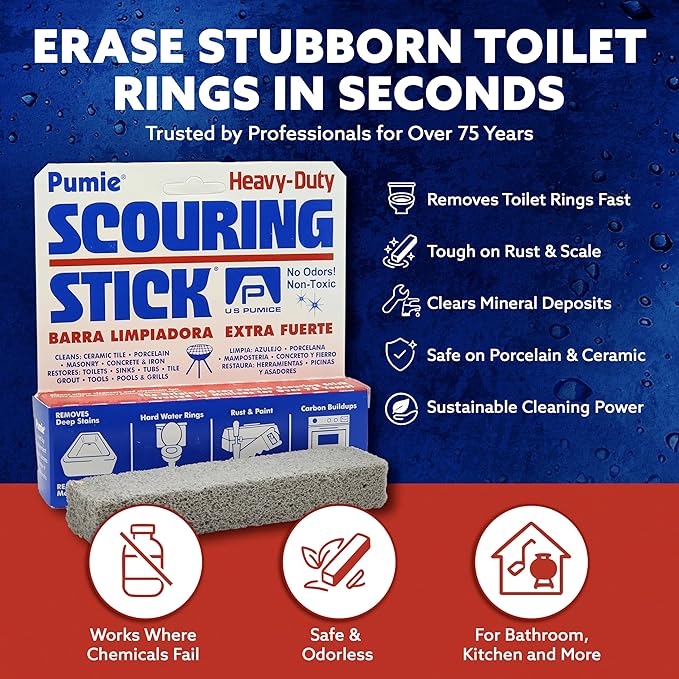 PUMIE 3 Pack Pumice Scouring Stick, HDW Heavy Duty Pumice Stone for Toilet Cleaning, Ovens, Pools, Tubs, Scouring Stick for Stains, Hard Water Rings and Rust