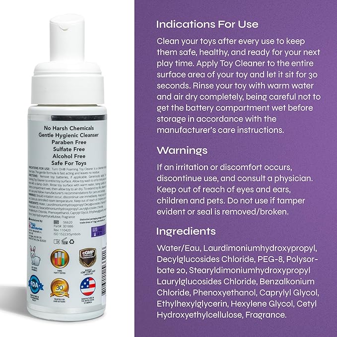 Turn On Hygienic Foaming Toy Cleaner, 7.5 Ounce All Purpose Alcohol Free Gentle Cleansing Spray, No Harsh Chemicals Safe for All Toys and Surfaces, Paraben Free & Sulfate Free