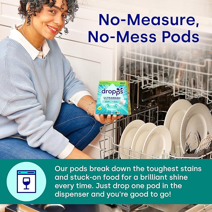 Dropps UltraWash Dishwasher Detergent Pods, Unscented (32 Ct) - Free & Clear | Cuts Grease & Stuck-On Food | Sparkling Dishes & Glasses | Residue-Free | Clean Ingredients | Plastic Free Packaging