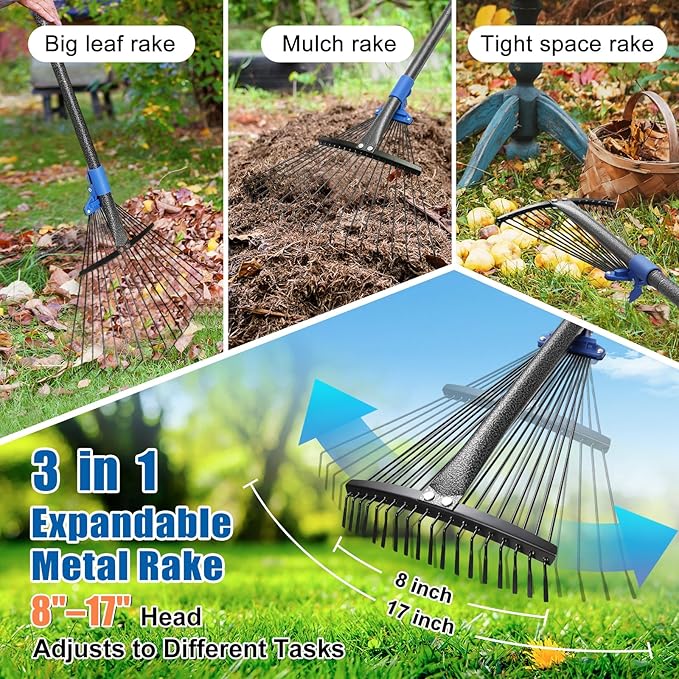 Rake for Leaves: Adjustable Metal Leaf Rake for Lawn, 8-17" Expandable Head,75” Long Handle,Collapsible Heavy Duty Women Kids Garden Rakes for Yard Pine Needles Mulch Grass Debris Gardening Camping