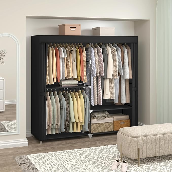 MOGELAFOO 62.5" Closet Wardrobe, Portable Closet for Bedroom, Freestanding Clothes Rack with Non-Woven Fabric Cover, 3 Hanging Rods, 4 Storage Shelves, Clothes Storage Organizer, Black