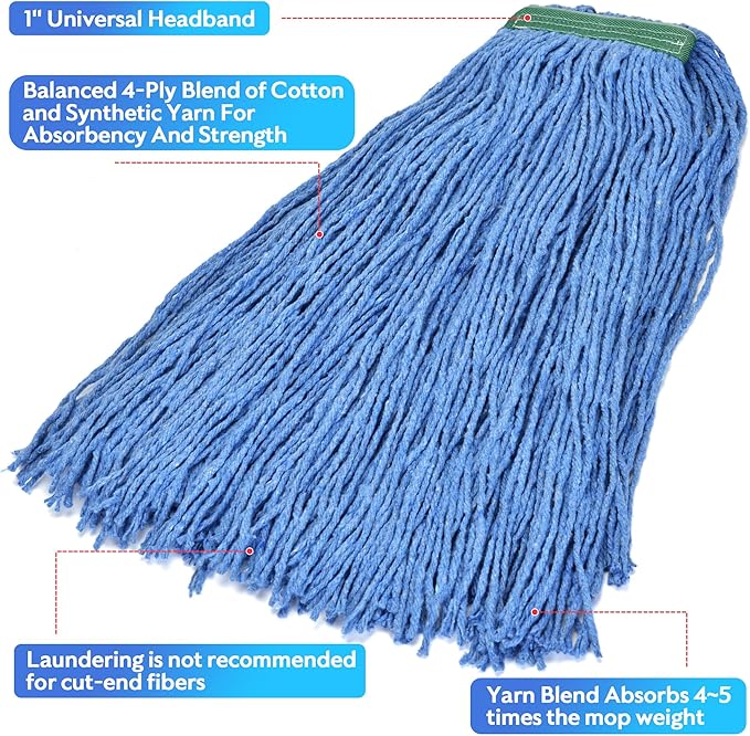 Matthew Cleaning 16oz 6Pack Cotton Floor Mop,Cotton Looped-Open String Heavy Duty String Mop Refills, Universal Headband Blend,Mop Head Replacement for Home, Industrial and Commercial Use(Blue)