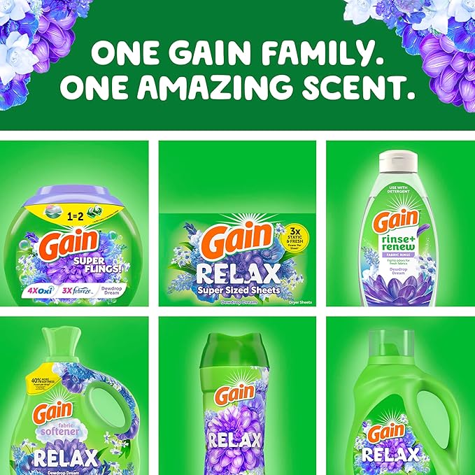 Gain Super Flings Laundry Detergent Pacs, 18 Count, Dewdrop Dream scent, irresistibly clean and fresh washing detergent laundry soap pacs