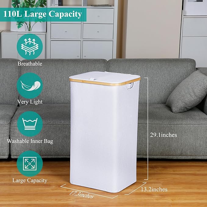 iEGrow 110L Laundry Hamper with Lid，Dirty Clothes Hampers for Laundry,Laundry Basket with Bamboo Handles and Removable Bag,Hamper for Bedroom, Bathroom, Dorm, Laundry Room, White