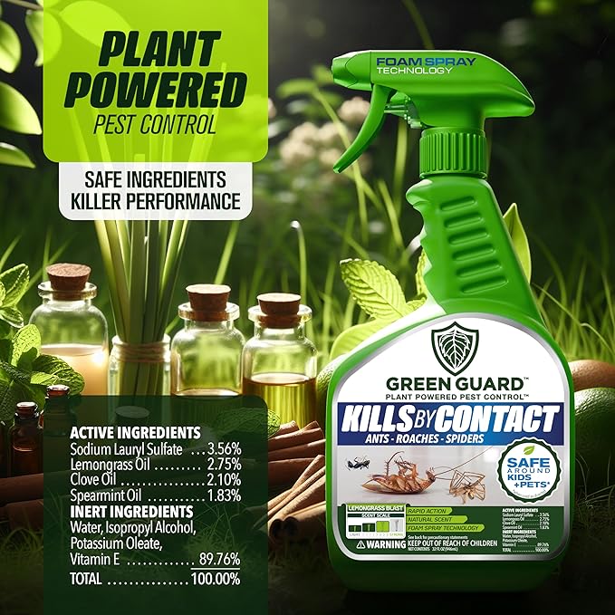 Green Guard Pest Control Spray - Indoor & Outdoor Killer of Ants, Roaches, Spiders & Other Crawling Insects, Safe Around Children & Pets, Plant-Based, Pleasant Scent (Lemongrass Blast, 32 oz)