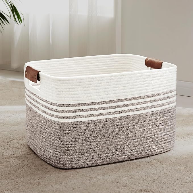 72L Large Laundry Basket with Leather Handles for Living Room Storage, Woven Rope Baskets Bin for Blanket, Kids Toy, Gifts, Wicker Hamper for Bedroom Dirty Clothes, 22"x17"x12" Dark Brown