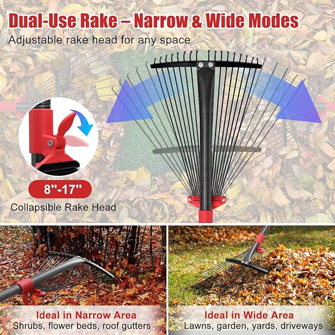 Collapsible Rake for Leaves - 70" Adjustable Long Handle Yard Rake, Expandable Metal Steel Head (8”-17”), Garden Leaf Rakes for Gardening Beds, Lawn,Narrow Shrub,Pine Needle,Outdoor Camping