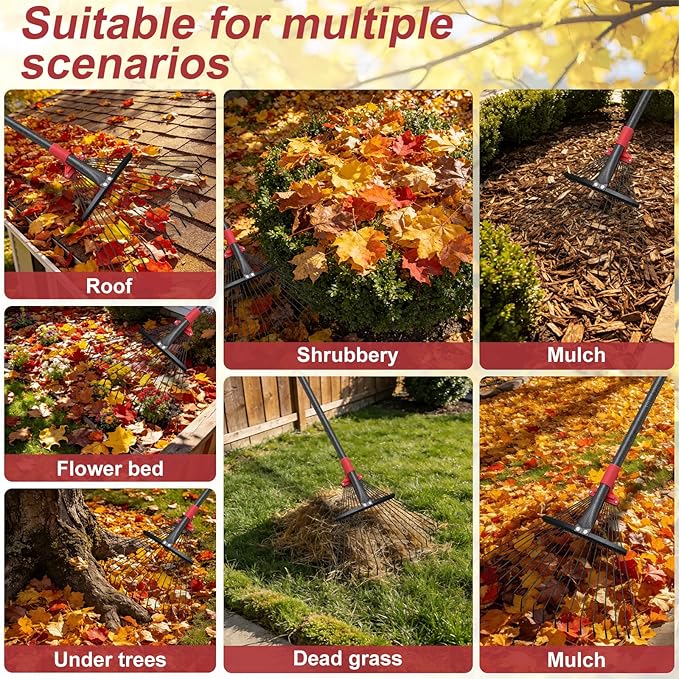 91 Inch Rake for Leaves , Adjustable 18 Tines with Expandable Head 9-18in Grass Rake Heavy Duty Metal Rakes for Women Children Yard Gardener Gardening Grass Debris Lawns