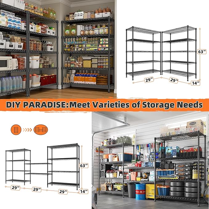 REIBII 5-Tier Wire Shelving Storage Shelves Metal Shelves,1020 LBS Adjustable Heavy Duty Metal Shelving Units and Storage for Garage Pantry Kitchen Bathroom 29" W X 14" D X 63" H