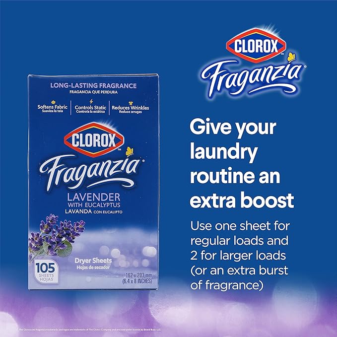 Clorox Fraganzia Fabric Softener Dryer Sheets, Wrinkle Reducing and Anti Static Laundry Dryer Sheets for Great Smelling Clothes, Softens Fabrics, Lavender with Eucalyptus Scent, 105 Count - 6 Pack