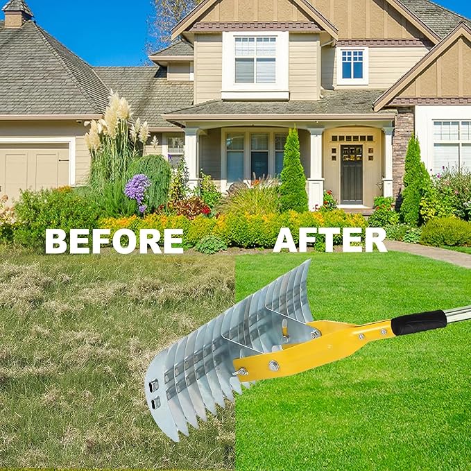 Thatch Rake,15" Lawn Dethatcher Rakes,Dead Grass Remover,Manual Dethatching Rake with Adjustable Length Handle,Scarifier Rake,Thatching Rakes for Lawns Grass Loosening Soil