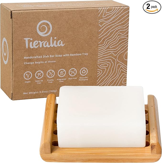 Dish Soap Bar with Bamboo Soap Dish Tray – Solid Dish Soap Block, Eco Friendly Non Toxic Plant Based Dishwashing Soap, Fragrance Free, Zero Waste, Biodegradable Kitchen Soap (5.64 oz)