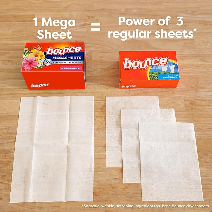 Bounce Mega Dryer Sheets, Paradise Blossom, 180 Count, Mega Fabric Softener Sheets with Static Control, Wrinkle Reduction, Extra Softness, Lasting Scent, Repels Lint