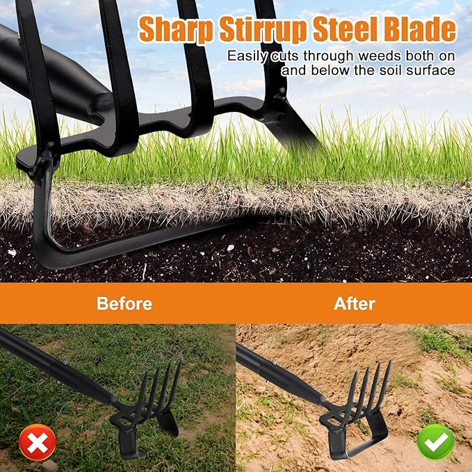 Hoe Garden Tool - 2 in 1 Stirrup Action Hoe & Rake,Heavy Duty Weeding & Cultivating Tool,Adjustable Long Handle (36”-74”),Sharp Carbon Steel Blade for Effortless Gardening