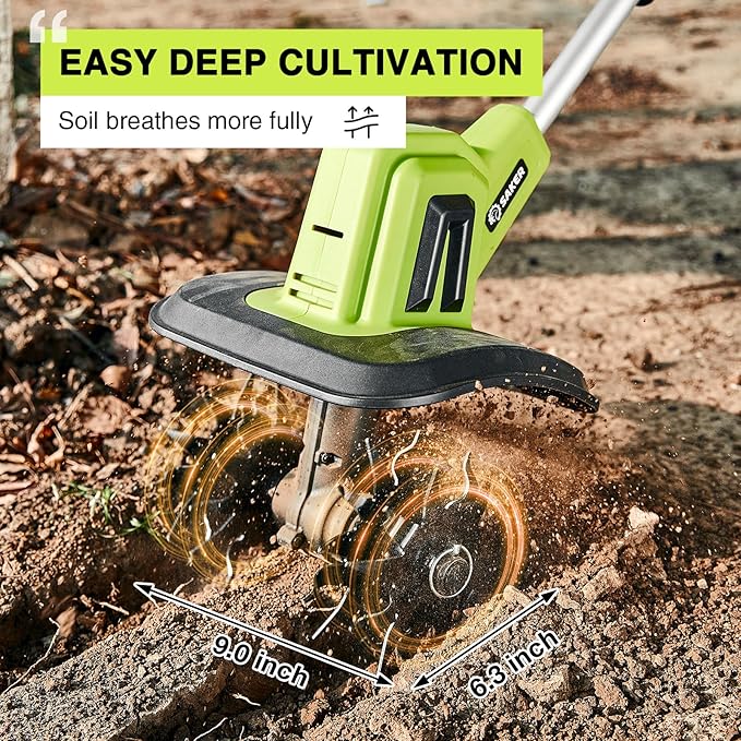 Saker 22V Cordless Electric Garden Tiller Cultivator, Lightweight Rototiller for Gardening, 9-Inch Tilling Width, 6.3-Inch Depth for Soil Preparation, Weeding, and Gardening 2 Batteries SK-TC18B